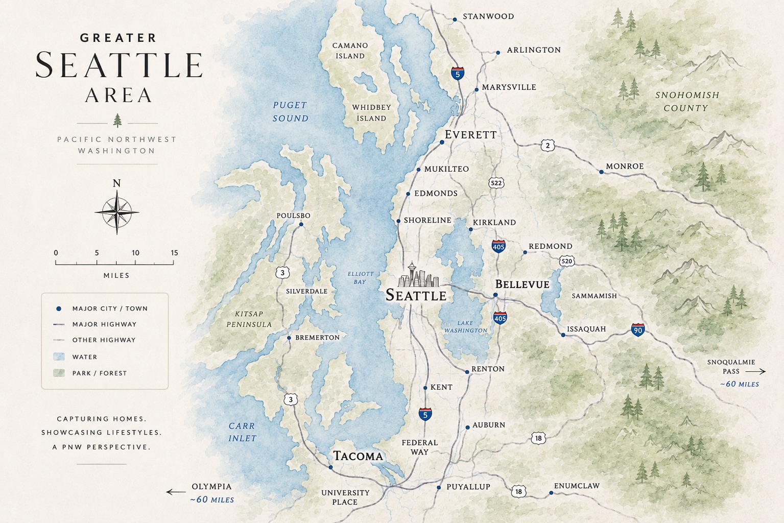 Greater Seattle real estate photography service area map including Seattle, Bellevue, Kirkland, Edmonds, Everett, Tacoma, and surrounding Washington communities